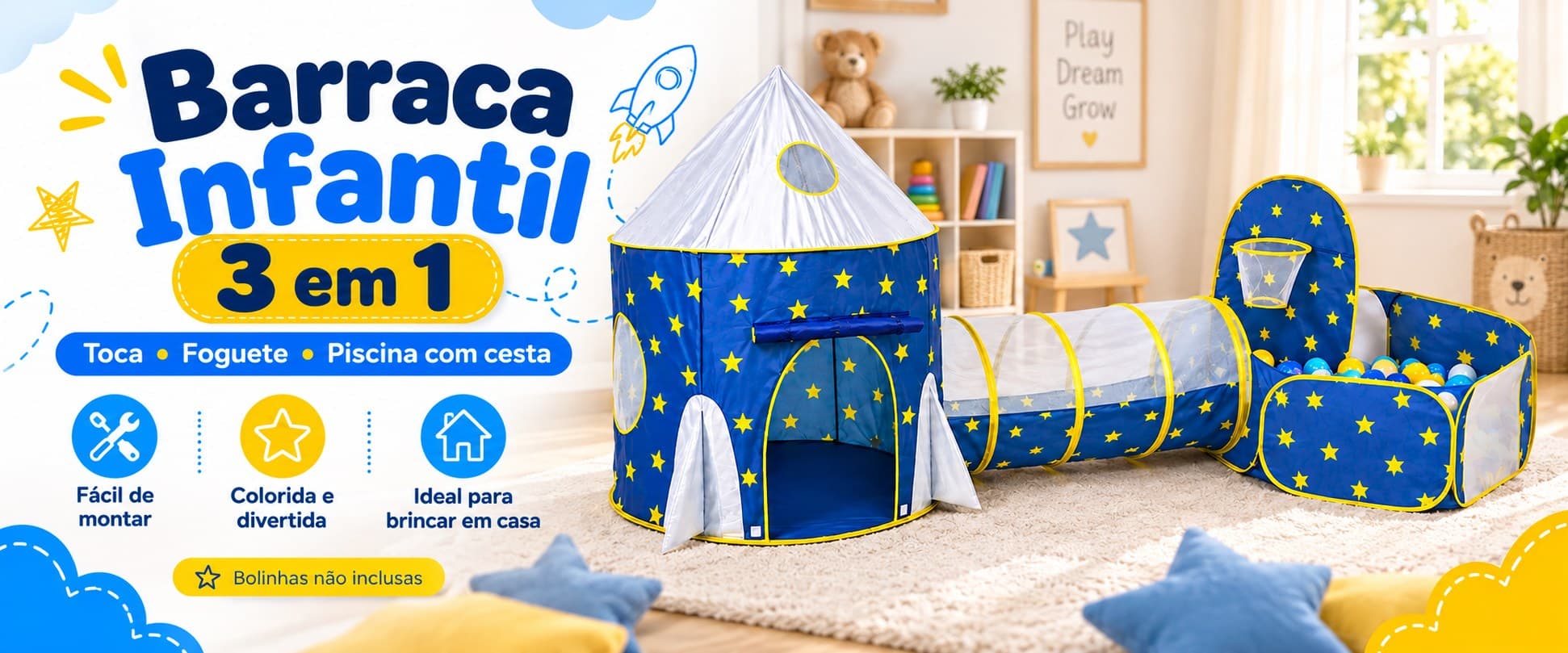 Barraca Infantil 3 em 1 com piscina de bolinhas