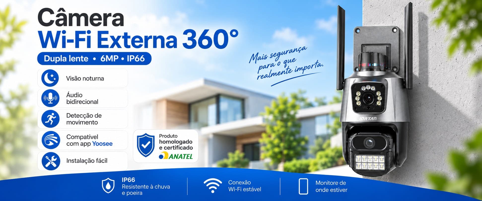 Câmera Wi-Fi Externa 360 graus com dupla lente