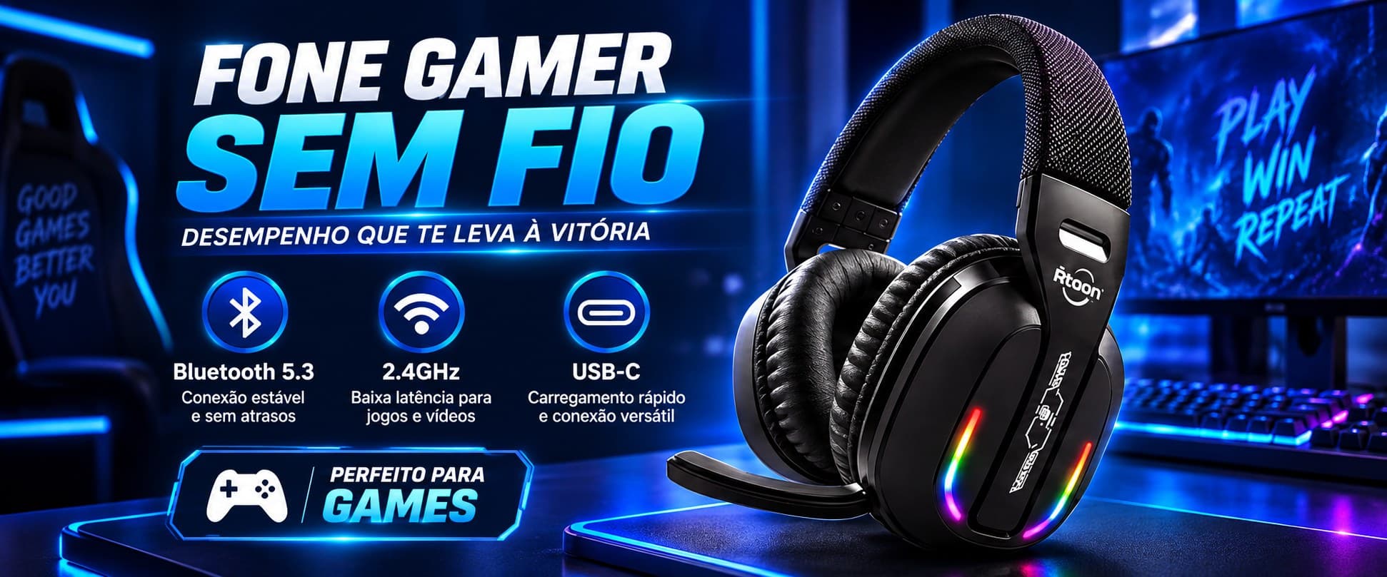Fone Gamer Sem Fio Rtoon