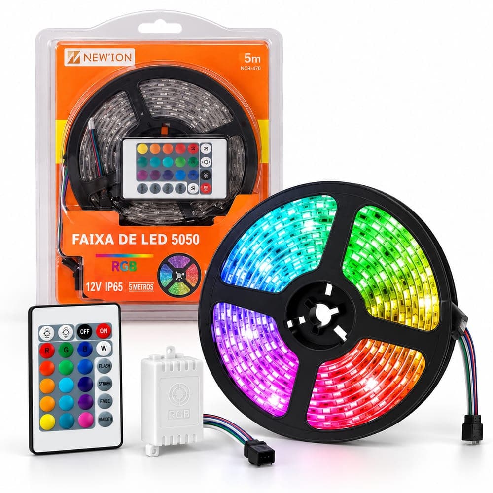 Fita de LED RGB 16 Cores 5m + Fonte + Controle