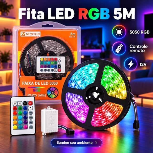 Fita de LED RGB 16 Cores 5m + Fonte + Controle