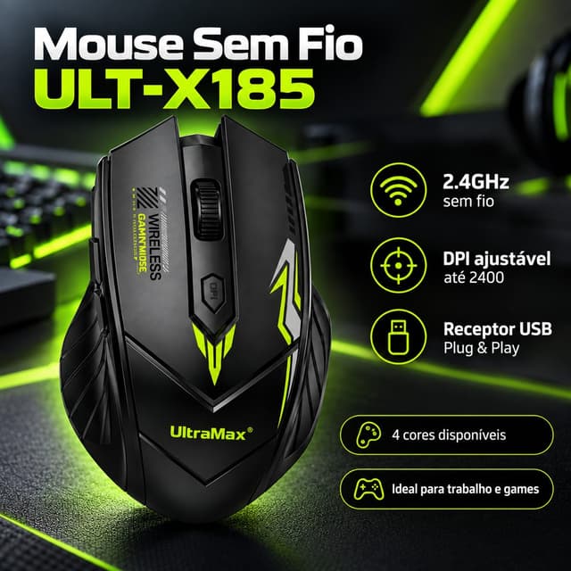 Mouse Gamer Sem Fio Ergônomico Ultramax X185