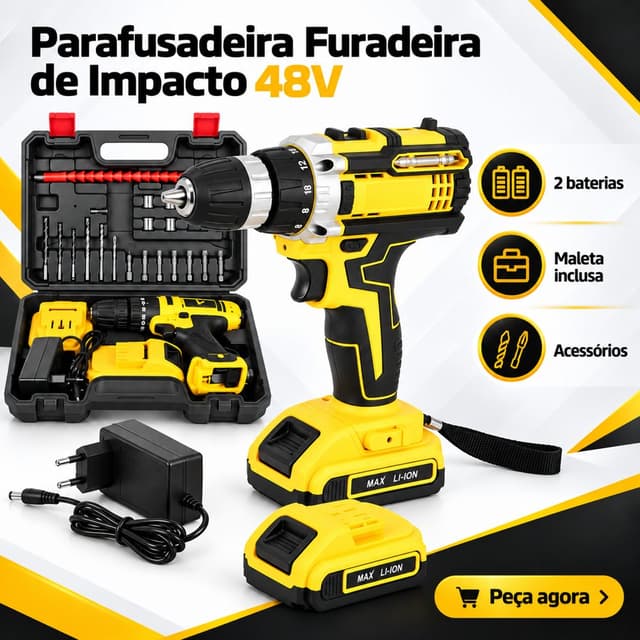 Parafusadeira e Furadeira 48V + 2 BT + Kit Alta Potência